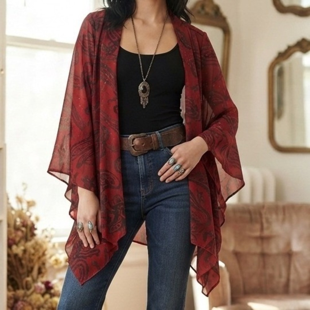 y2k sheer Paisley Cardigan top XL flare sleeve Kimono whimsigoth witchy charmed